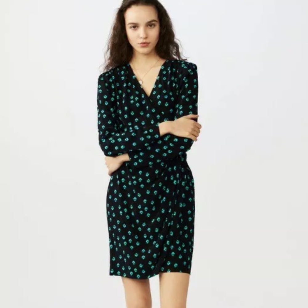 Maje black teal printed v neck wrap dress m maje size 2
